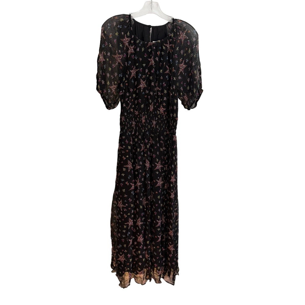 Boden Midi Dress Black Floral Star Print Smocked Waist D0350 US 10R UK 14R